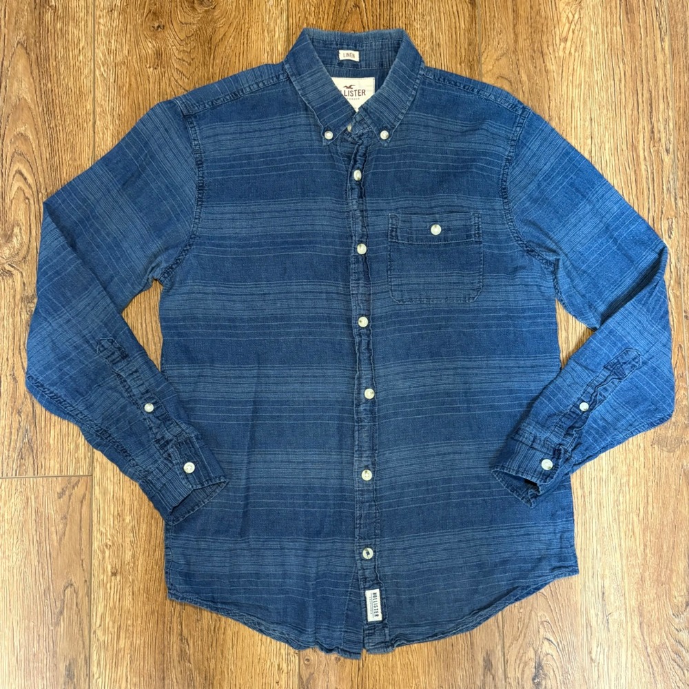 Hollister Blue Linen Blend Striped Long Sleeve Button Down Shirt Men's Small Y2K